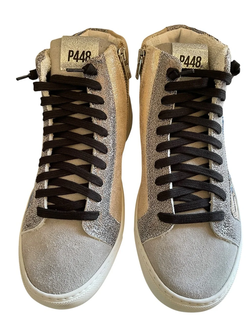 P448 Panama Women’s High-Top Sneaker in Black, White, Silver Light Blue New